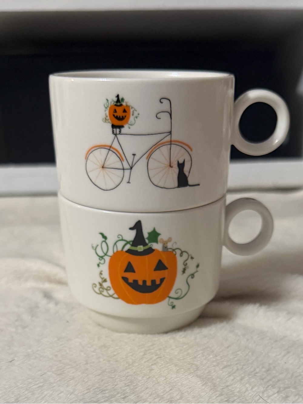 Grace White Ceramic Stackable Halloween Mug Pair with Orange Pumpkin Art